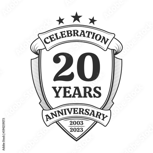 20 years anniversary icon or logo. 20th yubilee celebration, business company birthday badge or label. Vintage banner with shield and ribbon. Wedding, invitation design element. Vector illustration.
