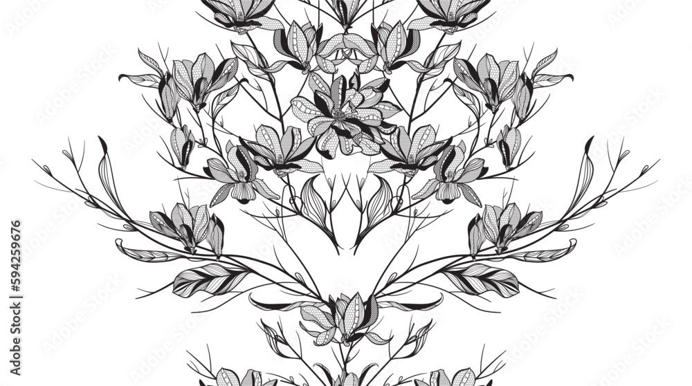 seamless lace pattern, vector illustration, magnolia flowers