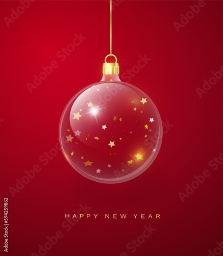 Christmas glass ball ornaments. Christmas decorations baubles transparent ball, hang on gold ribbon. Realistic 3d design elements of decor