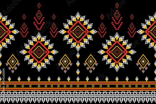 Seamless pattern in tribal style. Folk embroidery and mexican style on black background, geometric aztec art print for rugs, wallpapers, clothing, shawls, fabrics, textiles.