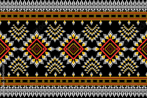 Seamless pattern in tribal style. Folk embroidery and mexican style on black background, geometric aztec art print for rugs, wallpapers, clothing, shawls, fabrics, textiles.