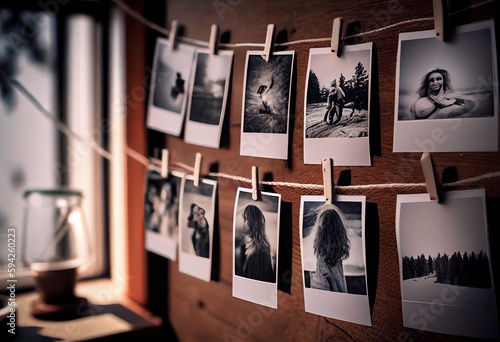 Polaroid pictures hanging on rope