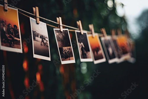 Polaroid pictures hanging on rope