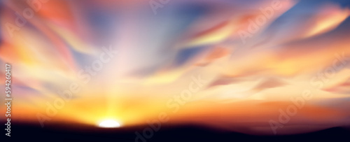 Realistic abstract evening twilight sunset sky with cloud. 3d morning sunrise soft gradient horizontal panorama. Beautiful cloudy dawn outdoor skyscape backdrop with sunshine and blurred terrain scene