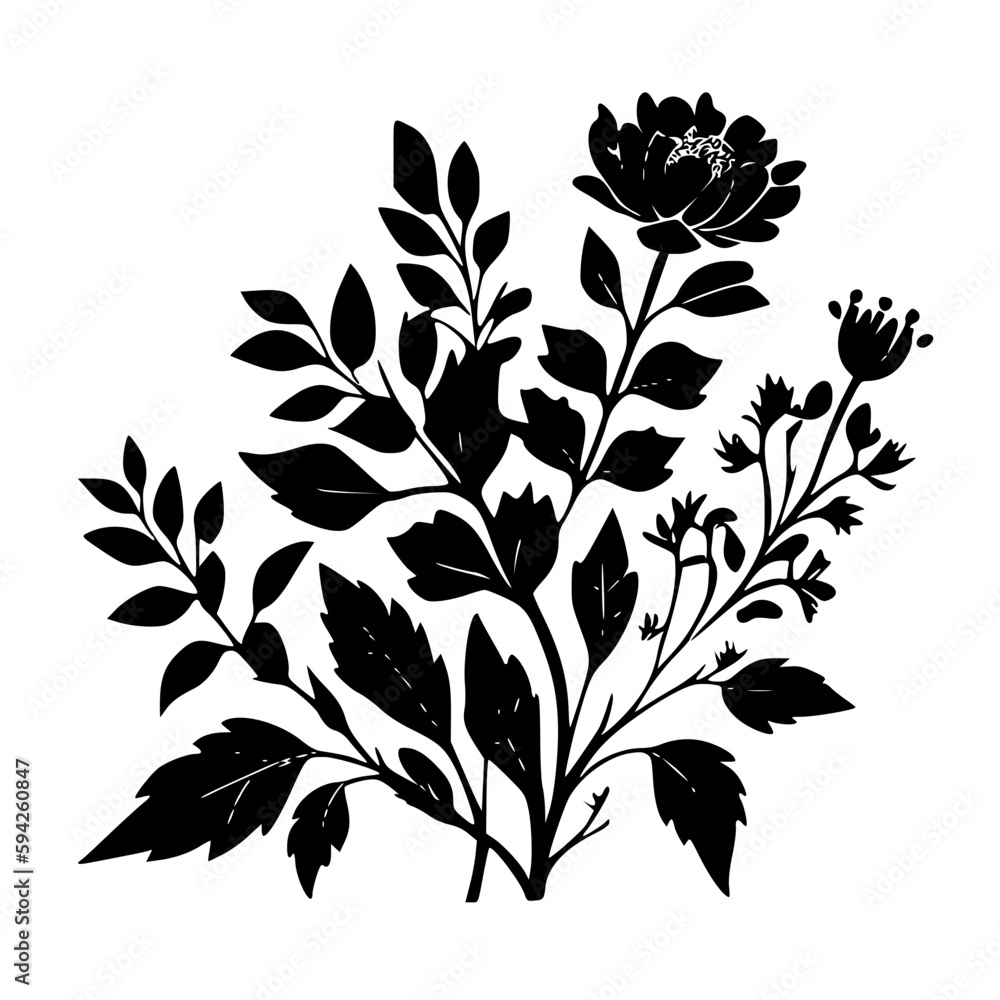 Vintage Flowers - Black and White Isolated Icon - Vector illustration