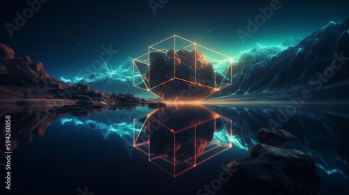 Futuristic minimalist. Abstract neon background with rhombus geometric shape, square frame and extraterrestrial landscape under the night sky. Rocks and water reflection. Generative AI.