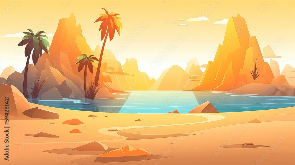 An island with umbrella sun beachballs in the middle of summer day illustration. Generative AI