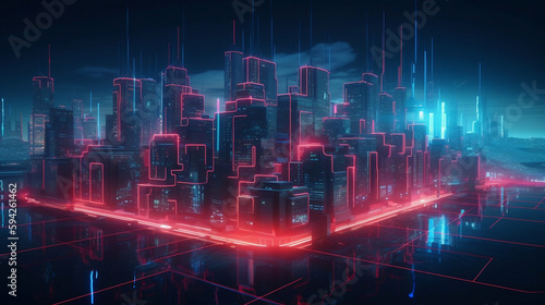 Abstract neon city at night with red blue glowing lights  background. Geometric shapes and lines. Generative AI.