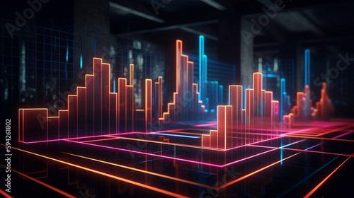Abstract neon finance sales data and economic growth graph chart at night with red blue yellow glowing lights, background with geometric shapes and lines. Generative AI. © Aiakos