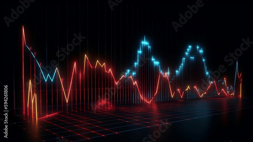 Abstract neon finance sales data and economic growth graph chart at night with red blue yellow glowing lights, background with geometric shapes and lines. Generative AI.