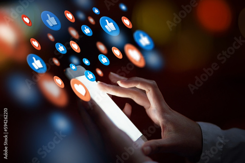 Night, social media icon or girl with a phone for communication, texting for online dating. Like, love emojis overlay or hands of woman on mobile app screen, chat website or digital network closeup