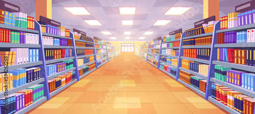 Bookstore aisle interior with shelf cartoon illustration. Retail supermarket vector background with education product assortment showcase and window. Bookshelf horizontal librarian perspective view.