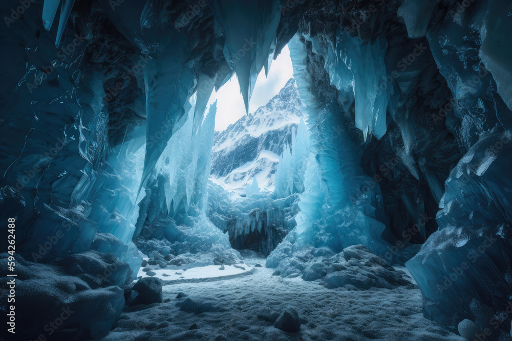 Magic cave in a mountain glacier with an opening and daylight. Generative AI