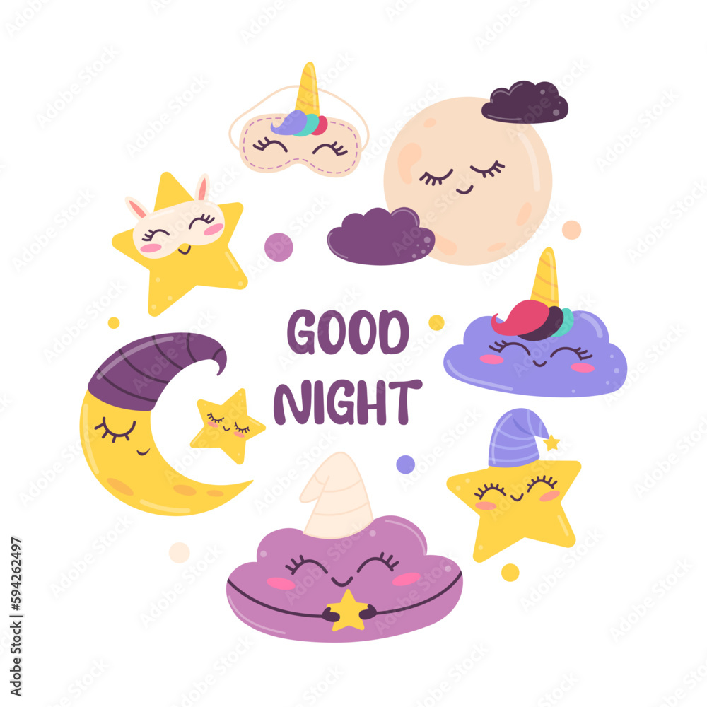 Magic poster with moon, stars, clouds. Set of cute space elements in kawaii style. Children's poster, postcard to the room with a good night wish Magic poster with moon, stars, clouds. Set of cute space elements in kawaii style. Children's poster, postcard to the room with a good night wish