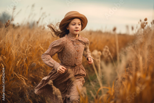 Beautiful girl with long blonde hair jogging over meadow of barley at overcast day. Generative AI