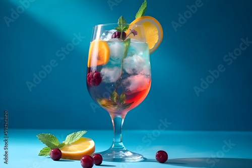 Non-alcoholic summer cocktail with ice cubes on a blue background. Summer refreshing drink concept. Generated AI