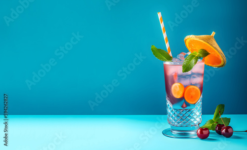 Non-alcoholic summer cocktail with ice on a blue background with a space for text. Summer refreshing drink concept. Generated AI