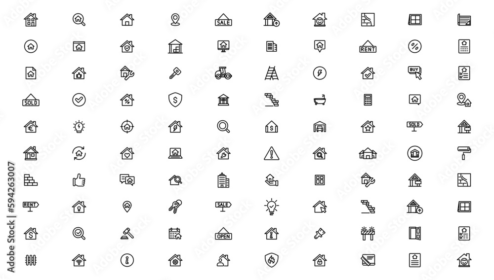 Real Estate minimal thin line web icon set. Included the icons as realty, property, mortgage, home loan and more. Outline icons collection