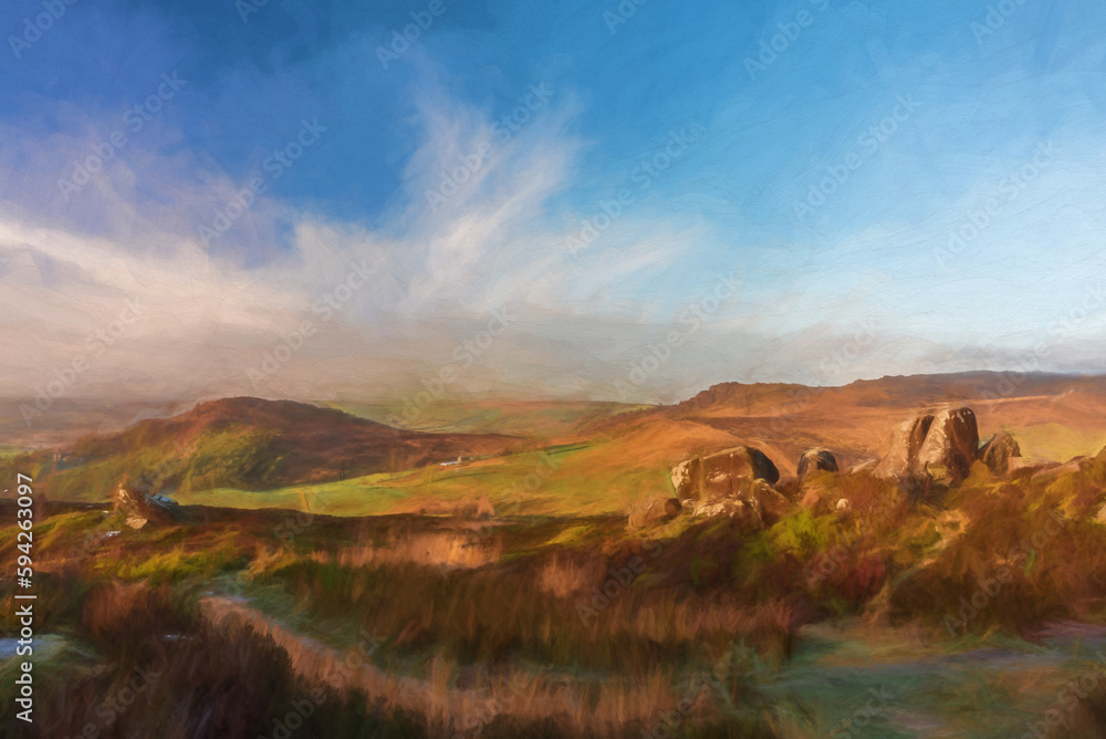 Digital painting of a beautiful Ramshaw Rocks sunrise at Ramshaw Rocks in the Peak District National Park.