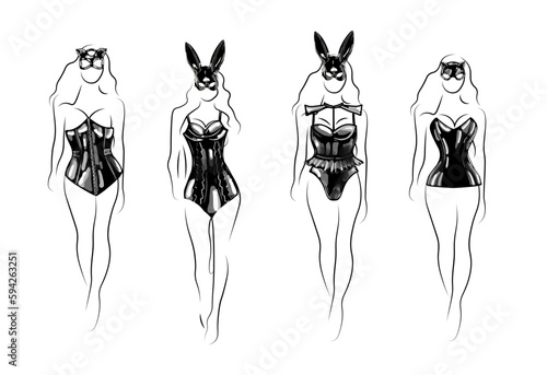Girls in a latex suit with rabbit ears and a corset. Sexy clothes. Fetish