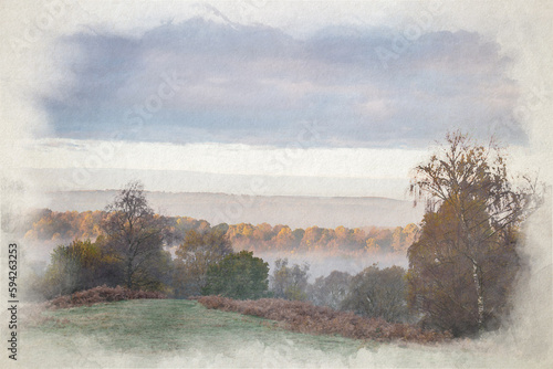 Digital watercolour painting of autumnal fall tree and leaf colours at the Downs Banks, Barlaston, Staffordshire.
