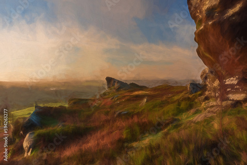 Digital painting of a beautiful Ramshaw Rocks sunrise at Ramshaw Rocks in the Peak District National Park. photo