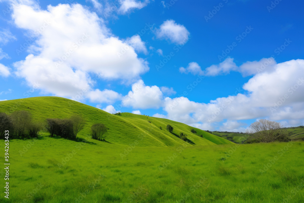 Idyllic view, green hills and blue sky with white clouds. Generative AI