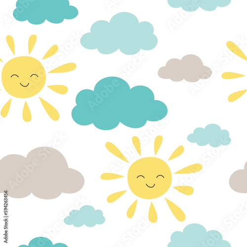 Seamless pattern with clouds and sun. Vector illustration