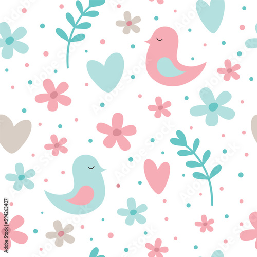 Seamless pattern with birds, hearts and flowers. Vector illustration 