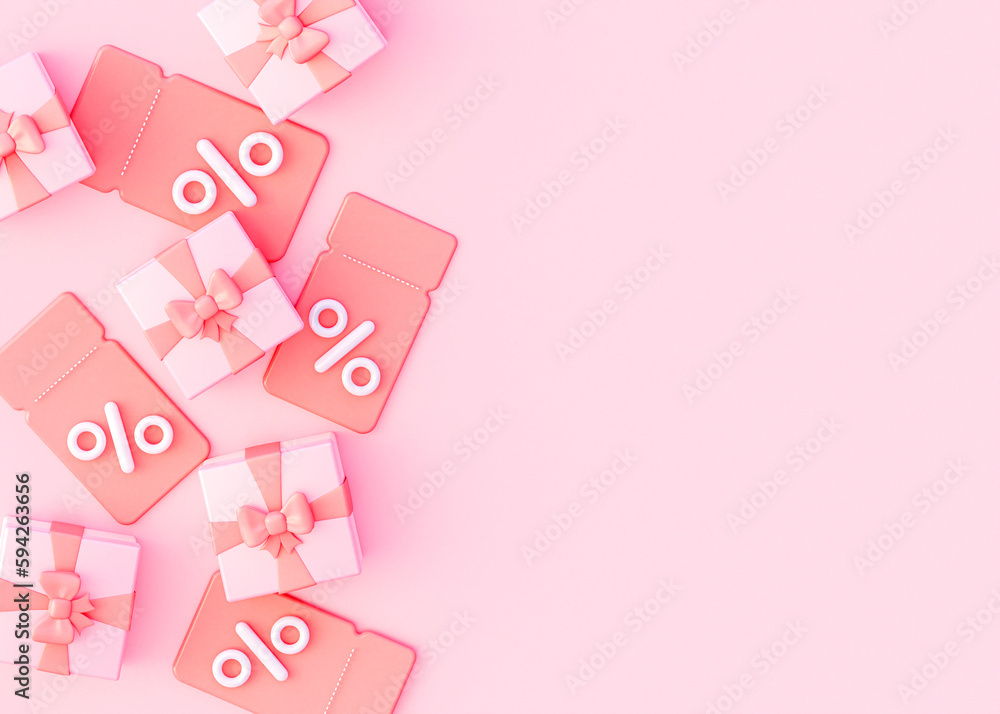 3d pink coupon with gifts on the table