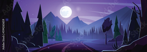 Night road in forest cartoon illustration. Full moon light with sparkles and mountain vector landscape scene. Empty dark purple nature pine tree silhouette and highway outdoor horror panorama.
