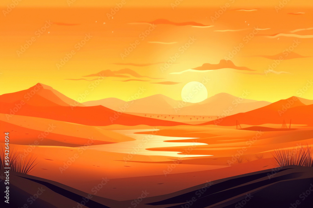 Sunset over the sand dunes in the desert. Generative AI
