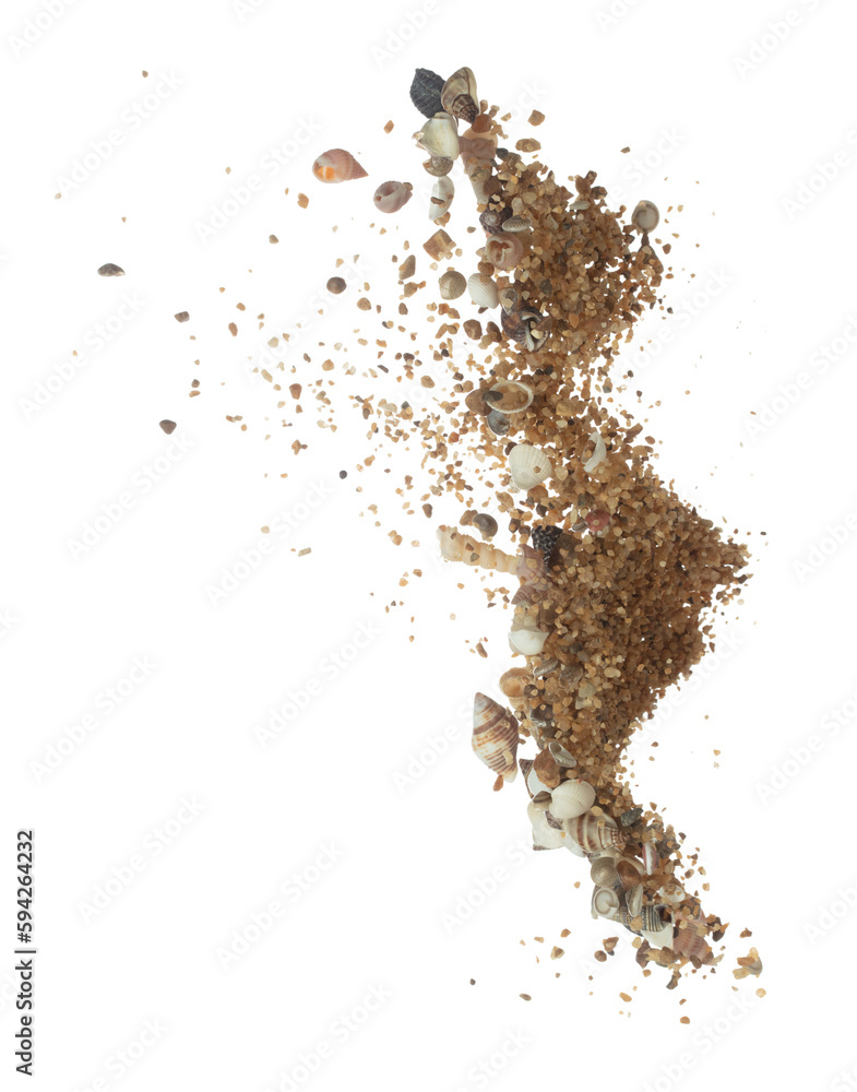 Seashell sand fall splashing in air. sea shell explosion flying, sand abstract cloud fly. Many Seashell scatter in many group. White background isolated high speed shutter freeze motion Seashell sand fall splashing in air. sea shell explosion flying, sand abstract cloud fly. Many Seashell scatter in many group. White background isolated high speed shutter freeze motion