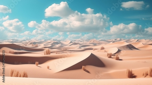 Abstract panoramic background. Desert landscape with sand dunes under the sky with white clouds. Generative AI.