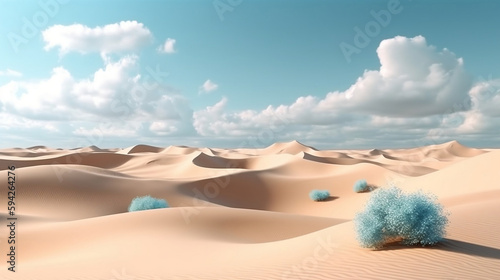 Abstract panoramic background. Desert landscape with sand dunes under the sky with white clouds. Generative AI.