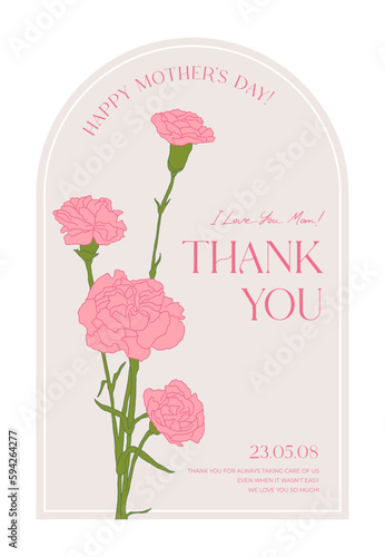 Card template with pink carnation flower illustration design for 'Mother's Day' concept. Simple and stylish thank you card, panel design illustration graphic set in arched frame.