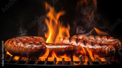Barbecue juicy sausage on grill fire with smoke on black background. Copy space. Based on Generative AI