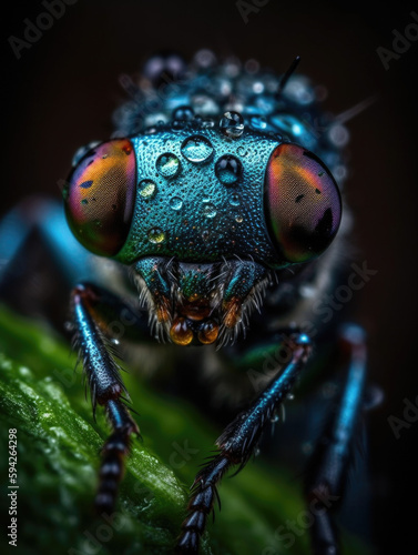 Close up of a blue fly with water droplets on its eyes. Generative AI © Tamazina