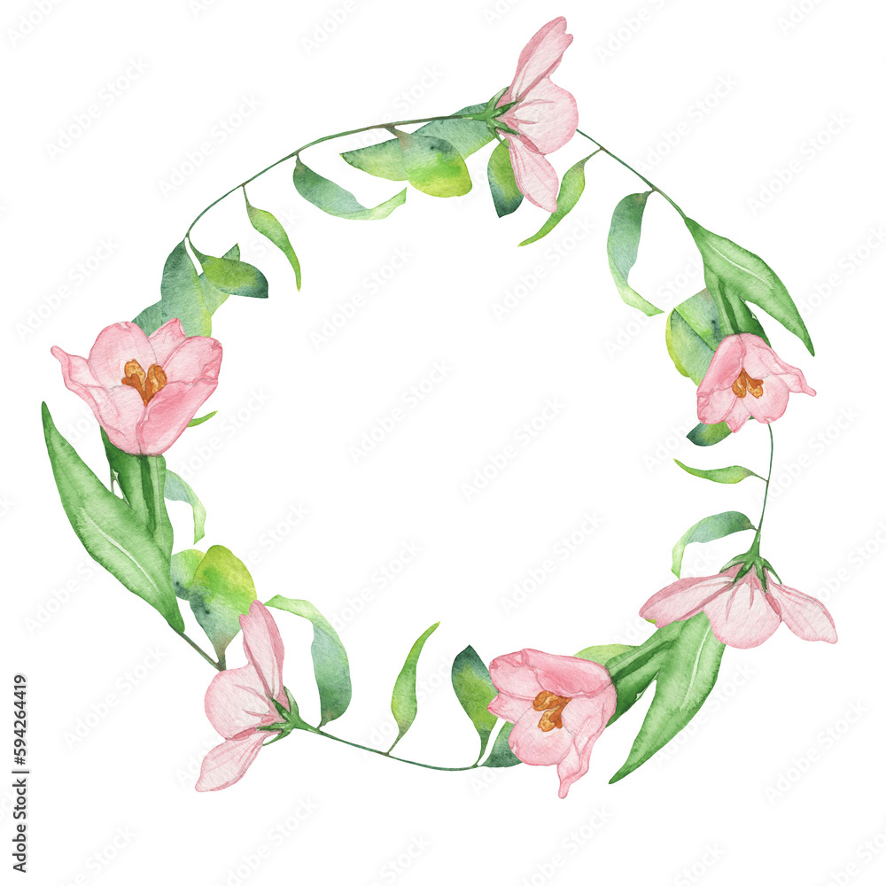 Fototapeta premium Watercolor frame - illustration with flowers elements, for wedding stationery, congratulations, wallpapers, and more on white background.