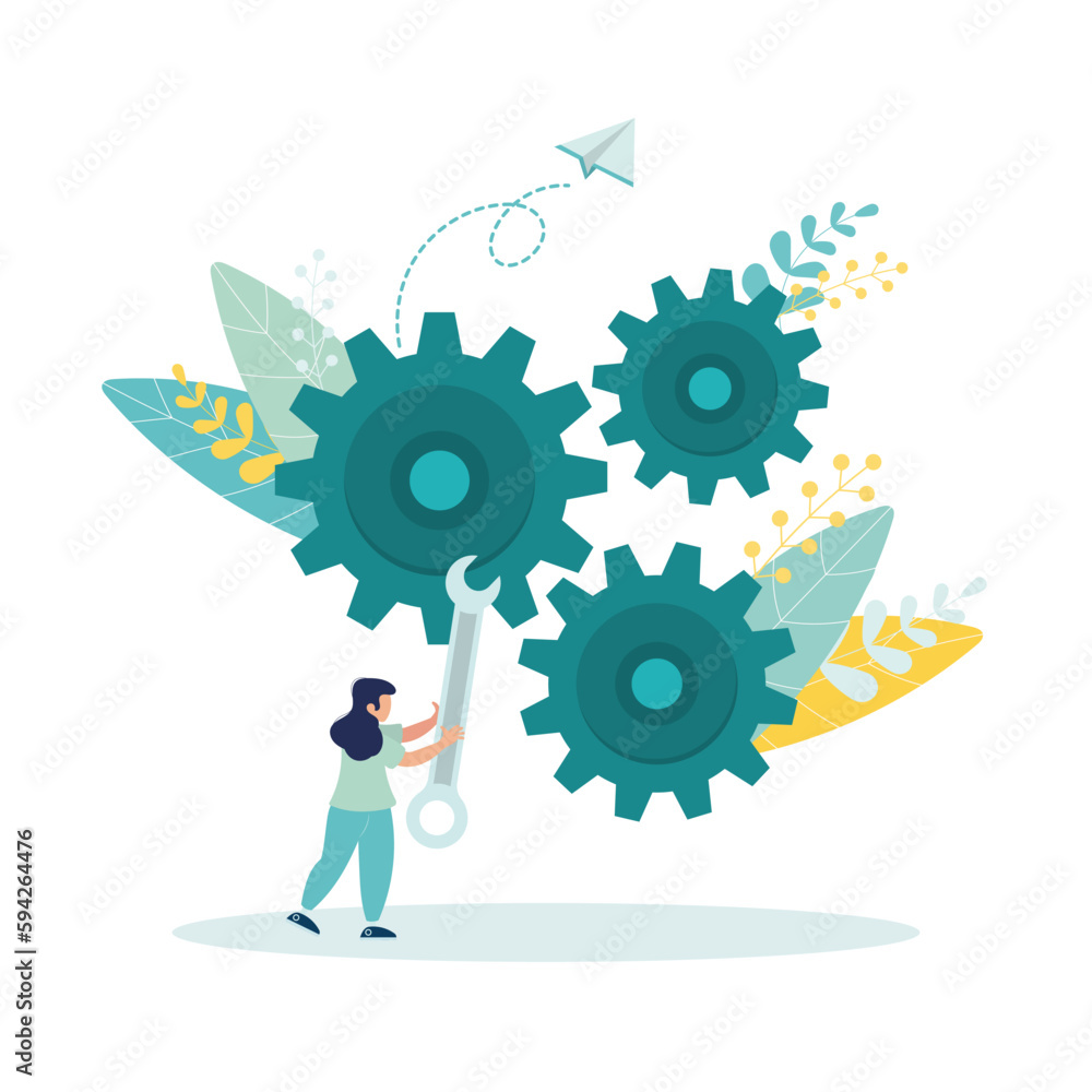Adjustment and optimization for business improvement, change or fine tuning for a smooth ride, repair and maintenance concept, a girl holds a wrench to adjust the gears setting. Vector flat style illu Adjustment and optimization for business improvement, change or fine tuning for a smooth ride, repair and maintenance concept, a girl holds a wrench to adjust the gears setting. Vector flat style illu