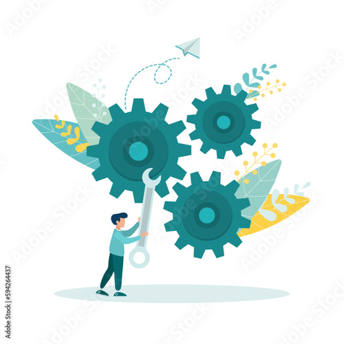 Adjustment and optimization for better business, change or fine tuning for a smooth ride, repair and maintenance concept, the guy is holding a wrench to adjust the setting of the gears. Vector flat st