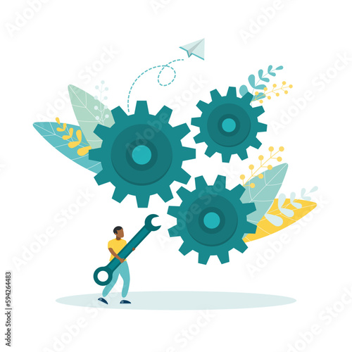 Adjustment and optimization for better business, change or fine tuning for a smooth ride, repair and maintenance concept, the guy is holding a wrench to adjust the setting of the gears. Vector flat st