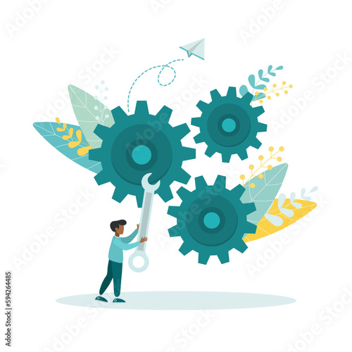 Adjustment and optimization for better business, change or fine tuning for a smooth ride, repair and maintenance concept, the guy is holding a wrench to adjust the setting of the gears. Vector flat st