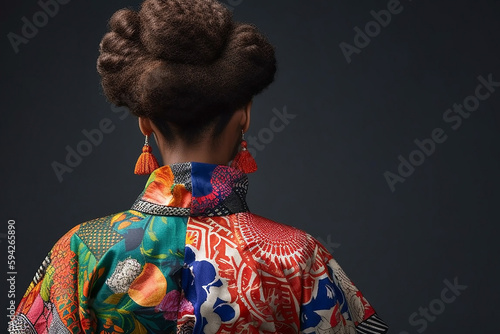 Asian woman with a lush hairdo and in traditional clothes, view from the back and against a dark background, close-up. Generative AI