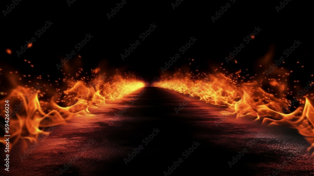 Blazing flames and road on fire over black background. Generative AI. - obrazy, fototapety, plakaty 