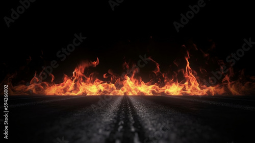 Blazing flames and road on fire over black background. Generative AI.