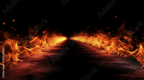 Fotografiet Blazing flames and road on fire over black background