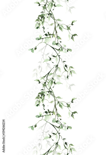 Watercolor painted greenery seamless frame on white background. Green wild plants, branches, leaves and twigs.