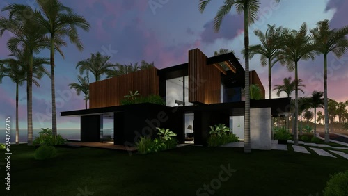 4K video rendering of modern cozy house with parking and pool for sale or rent with wood plank facade by the sea or ocean. Sunset evening by the coast with palm and flowers in tropical island Fly-walk