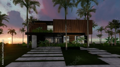 4K video rendering of modern cozy house with parking and pool for sale or rent with wood plank facade by the sea or ocean. Sunset evening by the coast with palm and flowers in tropical island Fly-walk